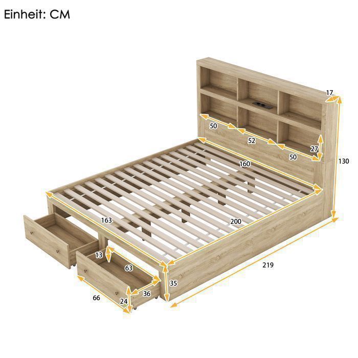 Cama MODFU con cajones, cama para adultos, cama doble de 160 x 200 cm con 2 cajones, cabecero con 6 compartimentos de almacenamiento, color natural.