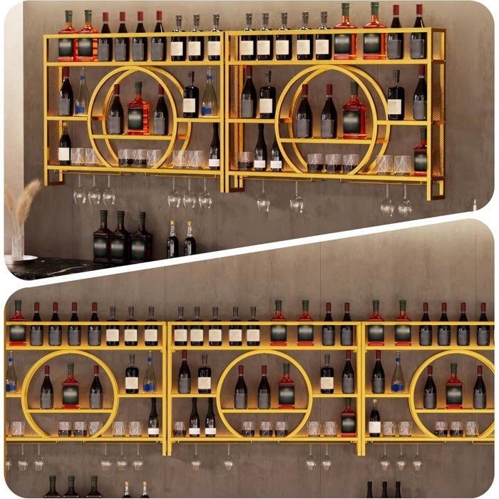 GOOBUY Suporte de Metal para Taças de Vinho de 120cm, Suporte de Parede para Garrafas, Suporte para Vinhos com Luz, Organizador de Garrafas de Vinho, 120x15x80cm, Dourado