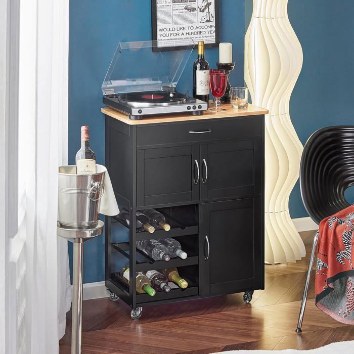 Carrito de cocina SoBuy de madera negra con ruedas, cajón, armarios y botellero, mueble de cocina de 67x38x86cm.