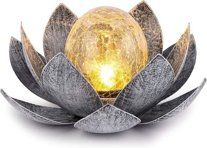 Lampes solaires de jardin extérieur, décoration de lotus en verre craquelé Globe, lumières de fleur en métal LED étanches