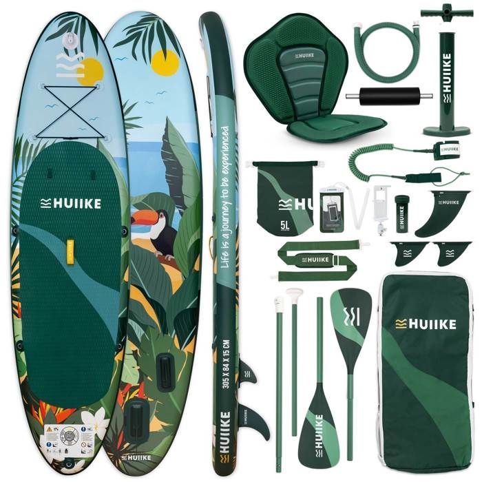 Paddle Gonflable Adulte Tropical avec des Accessoires de Qualité - HUIIKE - Stand Up Paddle avec Pagaie Double et Siège de Kayak