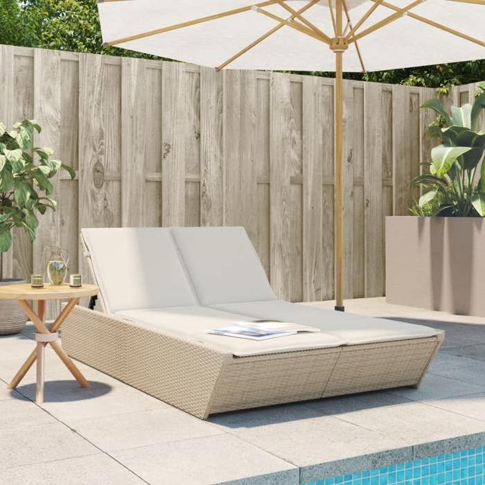 Tumbona doble vidaXL con cojines beige, resina de mimbre, cama de sol, tumbona reclinable, diván 368183
