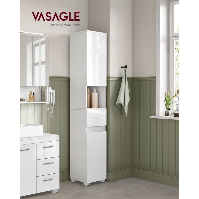 VASAGLE Badkamerkast, kolommodel, met lade, verstelbare planken, vakken, 30 x 30 x 170 cm, wit
