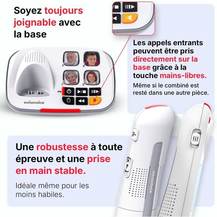 Teléfono fijo inalámbrico con botones grandes - SVATV - Contestador automático de 30 minutos - Amplificación de audio de 40 dB - Tonos de llamada de 90 dB
