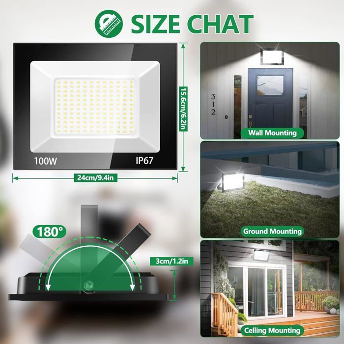 Foco LED exterior de 100 W, resistente al agua, luz blanca fría, iluminación de seguridad LED, luminaria exterior para patio, garaje y jardín.