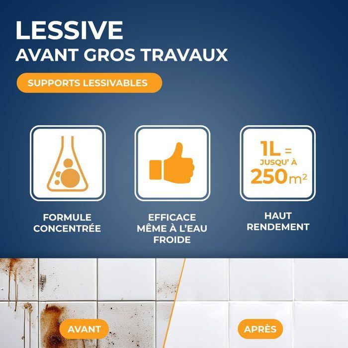 Lessive sols,murs et plafonds-Sans rinçage-Nettoie et dégraisse-Haut rendement jusqu'à 250m²-Efficace même dilué à l'eau froide-1L