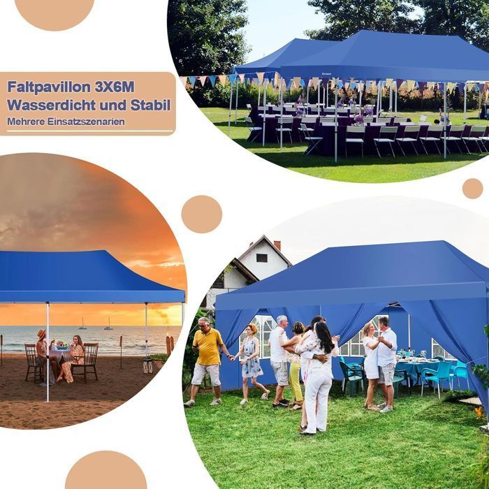 Gazebo 3x6, gazebo da giardino pieghevole e impermeabile per feste, blu