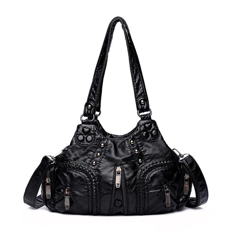 Sacs bandoulière en cuir PU lavé pour femmes, sac vintage de créateur, sac hobo noir uni à rivets, sac à main tendance effet vieilli, emballages
