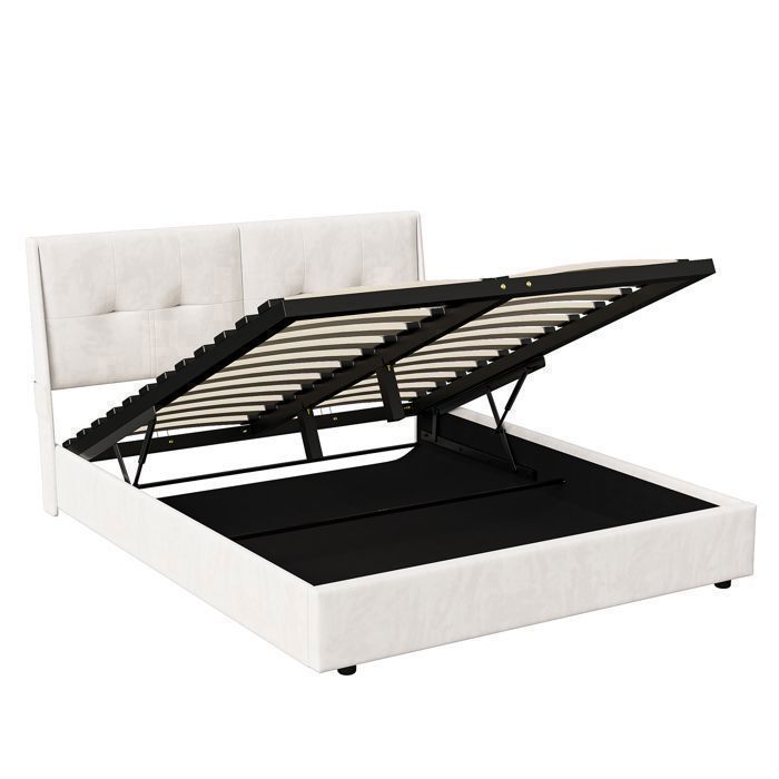 Lit double 140x190 cm - SUNFECILI - Velours Beige - Avec LED - Capacité 300 kg - Montage facile