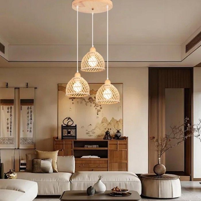 WOTTES 3-lichts moderne creatieve schijfkroonluchter van hout en bamboe met vintage spiraalvormig ontwerp, hanglamp van rotan