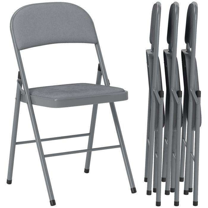 Lot de 4 chaises pliantes et portables intérieur avec assises et dossiers rembourrés en velours, cadre en acier, gris clair