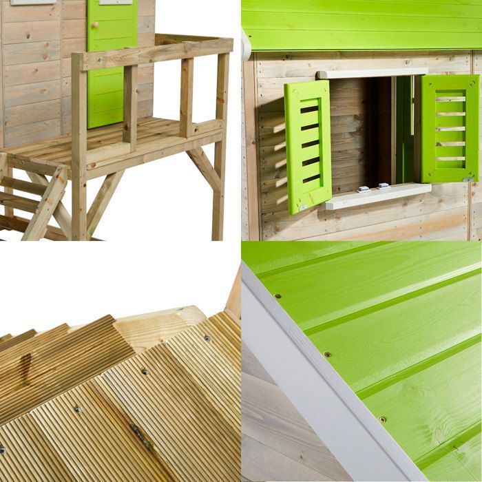 Casetta da gioco per bambini all'aperto KANGUI - Casetta in legno con piattaforma - Tetto impermeabile - Verde e bianco
