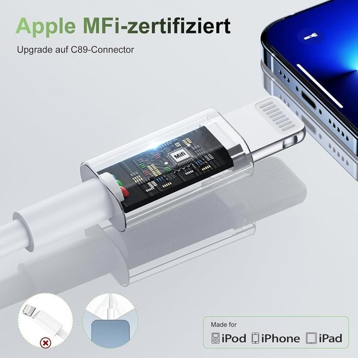 Chargeur Rapide 20W Blanc - Compatible iPhone 14/13/12/11/X - cable USB-C vers Lightning - compatible iPad