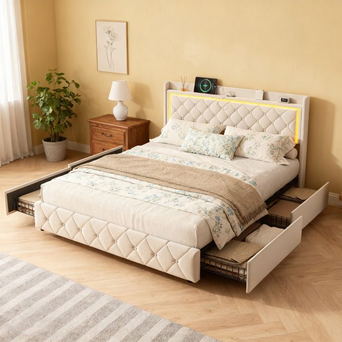 Estructura de cama, WXL, 140x190 cm, con 4 cajones, tela de terciopelo, estructura de cama 140x190 cm, Beige