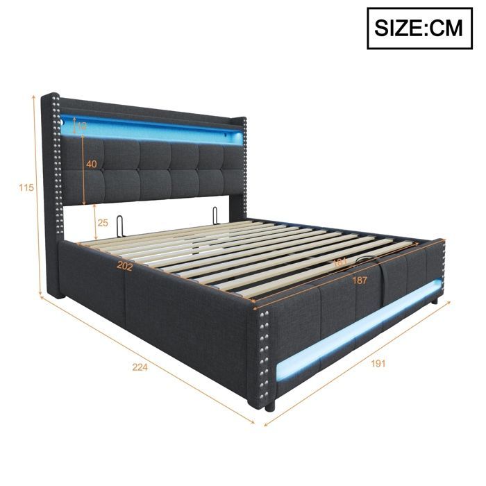 Cama tapizada de 180 x 200 cm. Cama doble con espacio de almacenamiento, iluminación LED y puerto USB, cabecero con estantes y sistema hidráulico. Color gris.