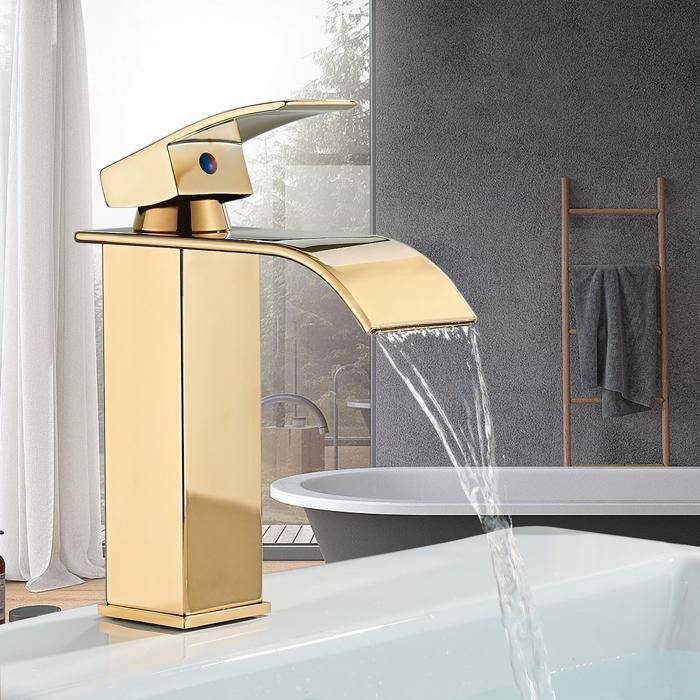 Rubinetto miscelatore per lavabo a cascata in ottone spazzolato color oro - Acqua calda e fredda disponibili