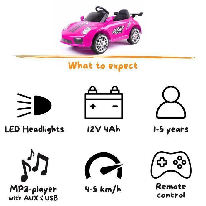 Auto elettrica stile Porsche 12V - Rosa - Età 1-5 anni - Telecomando parentale - Suoni realistici - 30 kg