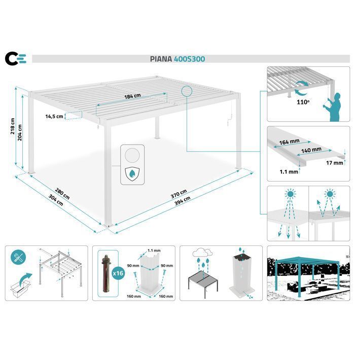 Pergola bioclimatique autoportante PIANA Cazeboo aluminium 4x3 m blanc lames orientables acier