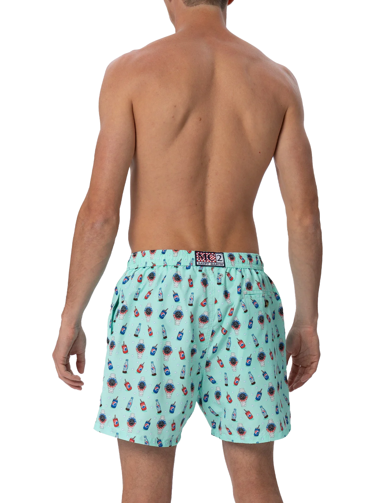 Man Lighting Mid-Length Swim Shorts | Watches & Drink All-Over Print | Sage Green Backcloth | Lightweight, Quick Drying | MC2 Saint Barth