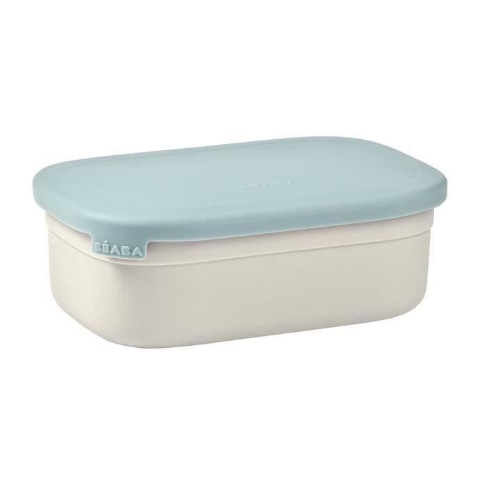 BEABA, Fiambrera infantil de acero inoxidable con tapa de silicona y cubierta protectora, color gris terciopelo y azul.