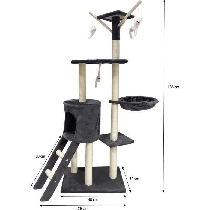 JIPSY Arbre à chat gris foncé  79 x 34 x 138 cm - 3 plateformes, 1 perchoir, 1 niche,  1 escalier, poteaux à griffer