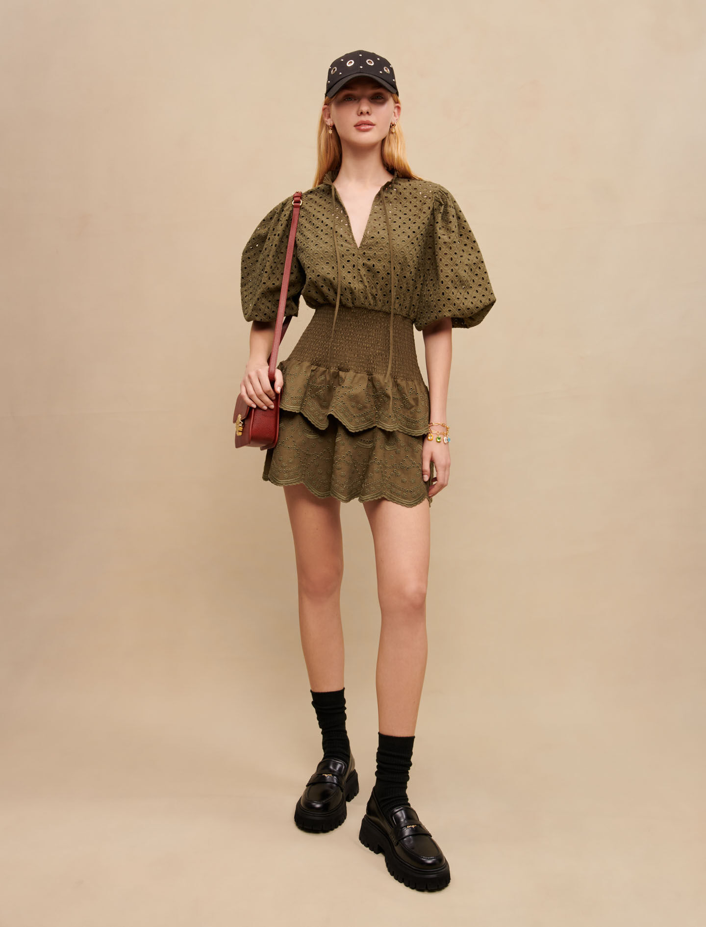 Korte jurk met broderie anglaise - Kaki