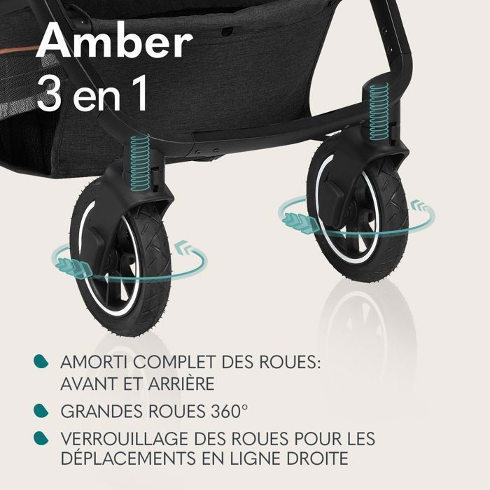 Poussette combinée 3en1 LIONELO Amber - Pack poussette canne, Nacelle, Siege auto, sac et accessoires - Gris foncé