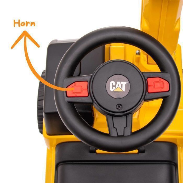 Escavatore CAT giocattolo cavalcabile per bambini - Giallo - Età da 1 a 3 anni - Prodotto con licenza ufficiale - Braccio escavatore funzionante - 25 kg
