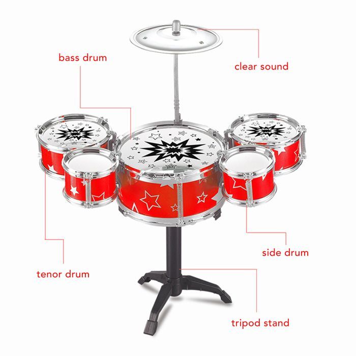 SURENHAP Batteria Jazz per Bambini, Kit Batteria Jazz per Bambini, Giocattoli di coordinazione, Gioco, Rosso