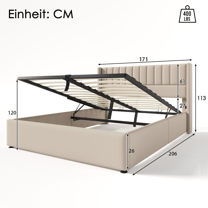 Letto contenitore 160x200cm con testiera e rete a doghe, letto matrimoniale con contenitore, struttura letto 160x200cm con rete a doghe, lino, beige