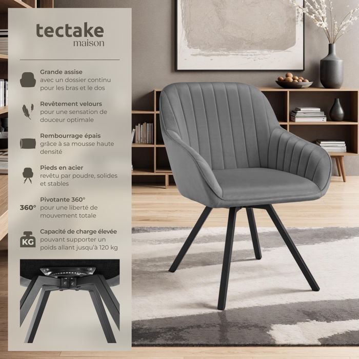 Silla - TECTAKE - Sillón giratorio SNUG de 360° con reposabrazos acolchados de terciopelo - Gris