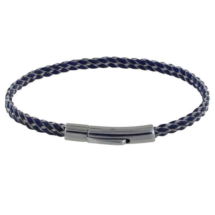 Pulsera unisex plana de cuero trenzado y acero Les Poulettes Bijoux - Azul marino