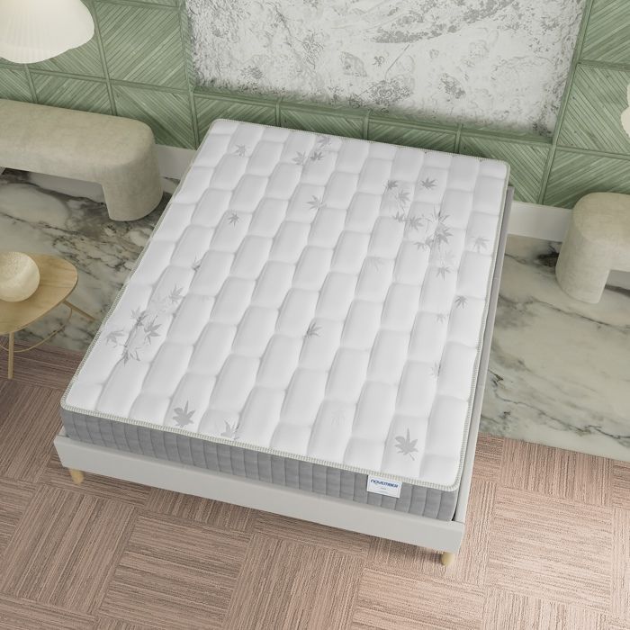 Colchón y base de cama (140x200cm) - Galicia. Muelles ensacados y espuma viscoelástica, 25cm de grosor + Base de cama de madera estable, tejido blanco.