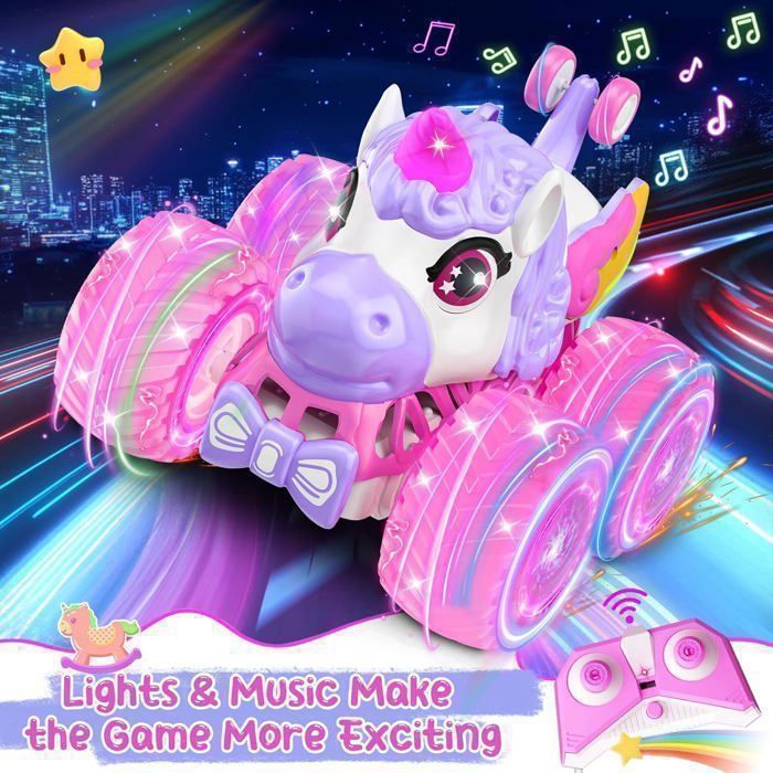 Voiture Télécommandée Licorne pour Filles Véhicule Tout-Terrain RC Rechargeable Lumières LED & Musique, Cascades 360°- 17*17*15.5 cm