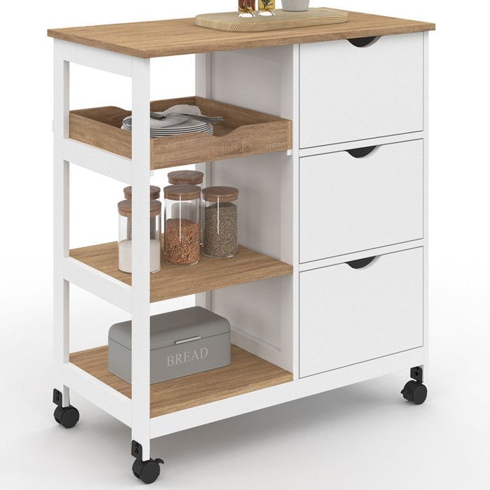 IDMARKET Desserte de cuisine MUNA 3 paniers + 1 plateau amovible blanc et effet hêtre L.76 cm