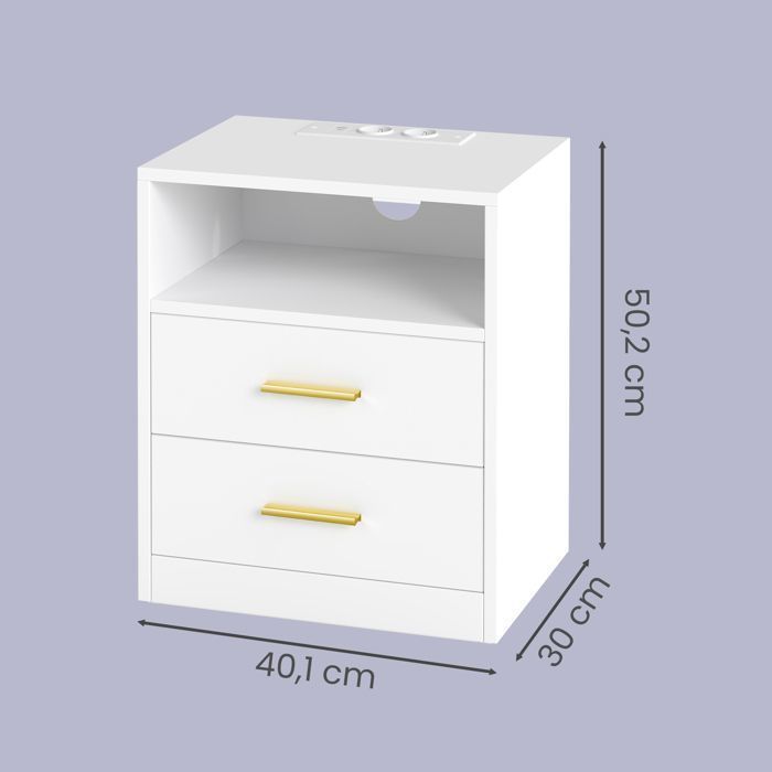Lot de 2 Tables d’Appoint Modernes avec Tiroirs, Lumières LED, Multiprises et Ports USB, pour Chambre, Blanc