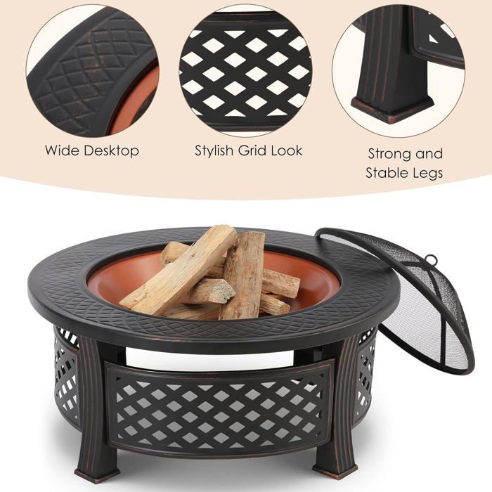 Braséro Barbecue Exterieur avec Housse de Protection, 3 en 1 Cheminée de Jardin, 80x80x54cm, Chauffage en Hiver