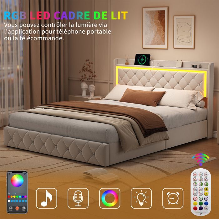 Estructura de cama, WXL, 140x190 cm, con 4 cajones, tela de terciopelo, estructura de cama 140x190 cm, Beige
