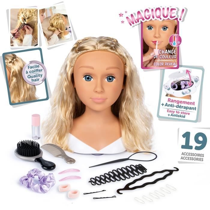 Smoby - Testa per acconciature bionde - Facile da acconciare - 19 accessori realistici - Labbra termosensibili - Vano portaoggetti