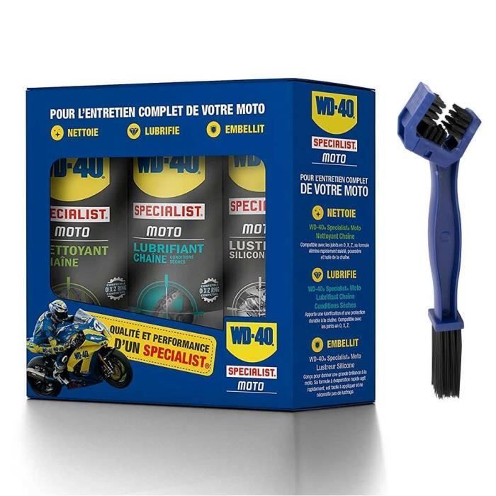 WD-40 - Kit de mantenimiento para motocicletas - Limpiador y lubricante de cadena - Pulidor de silicona - 3 x 400 ml