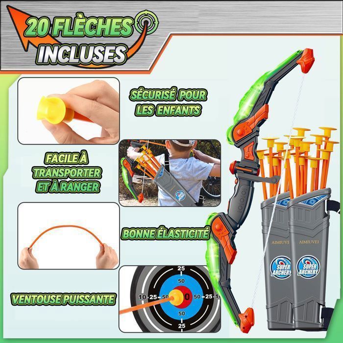 Conjunto de arco e flecha - AIMUIVEI - 2 arcos - 20 flechas com ventosa - 2 alvos - 6 garrafas de plástico