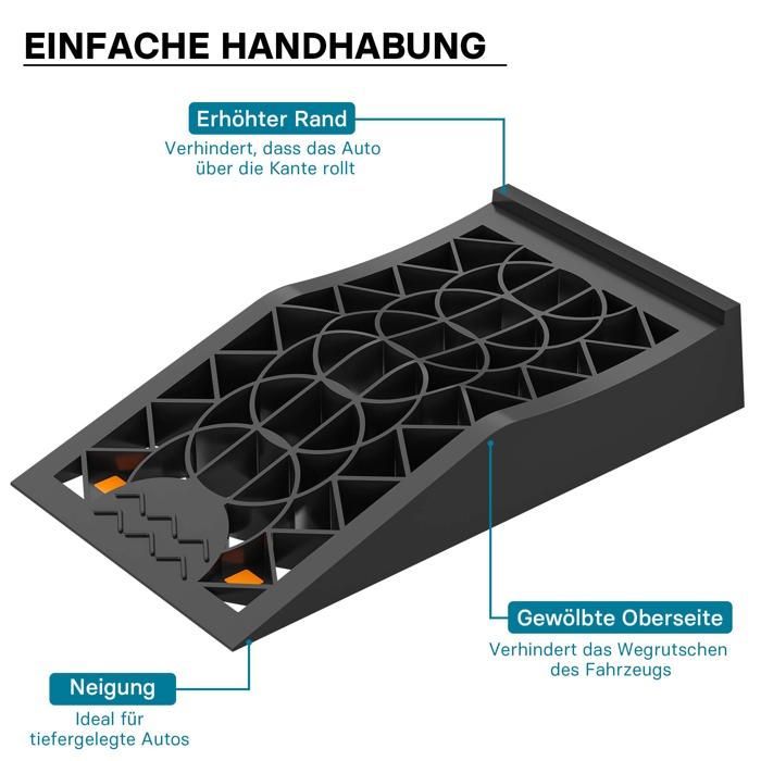 Juego de 2 rampas de acceso extra planas para coches Wiltec – 430 x 235 x 80 mm – Fabricadas en PP resistente – Capacidad máxima 3 t – Calzos para ruedas de vehículos
