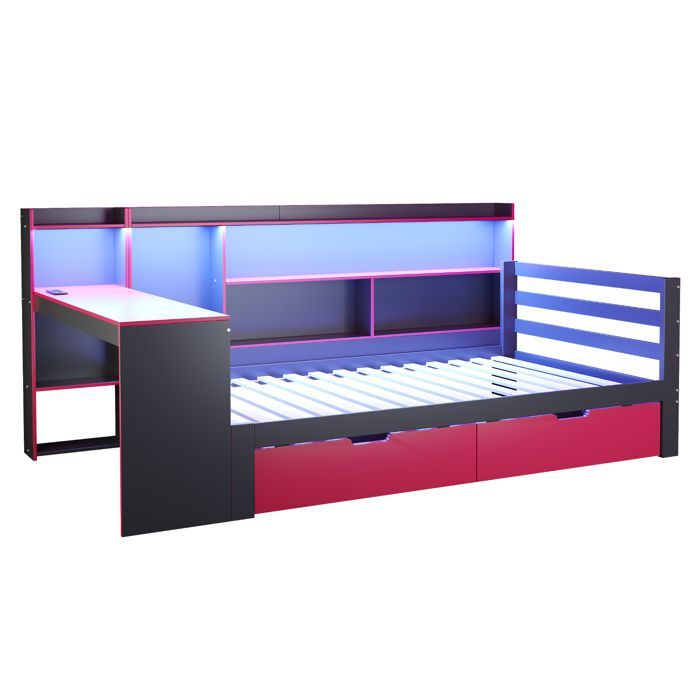 Letto singolo 90x200 cm con LED - 2 cassetti e vani portaoggetti - Presa elettrica - Nero+rosso