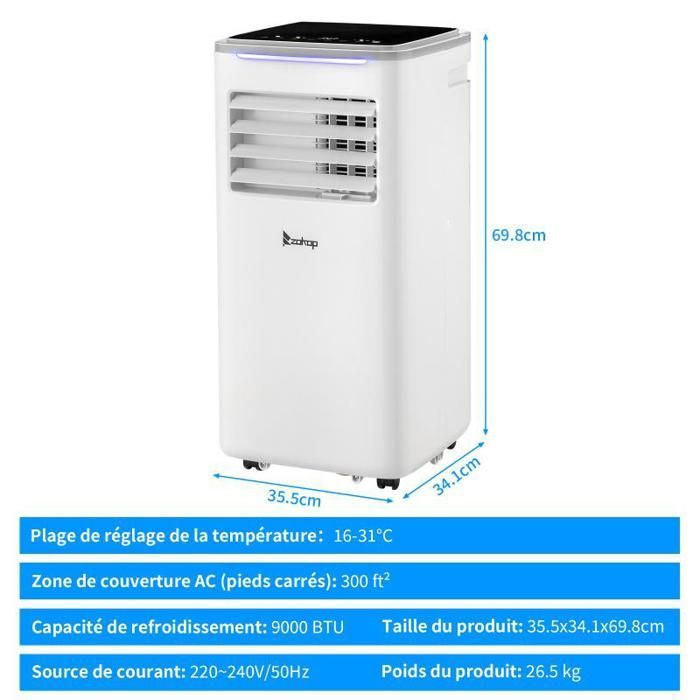 Condizionatore d'aria portatile silenzioso da 10000 BTU con Wi-Fi e telecomando - Timer 24 ore - Bianco