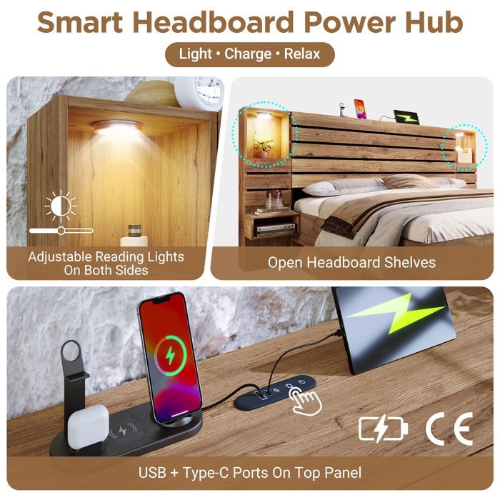 Cama para adultos de 180x200 cm con iluminación LED, puertos USB/Tipo-C, nicho iluminado, 3 cajones, estantes, madera de roble - DESVIAE