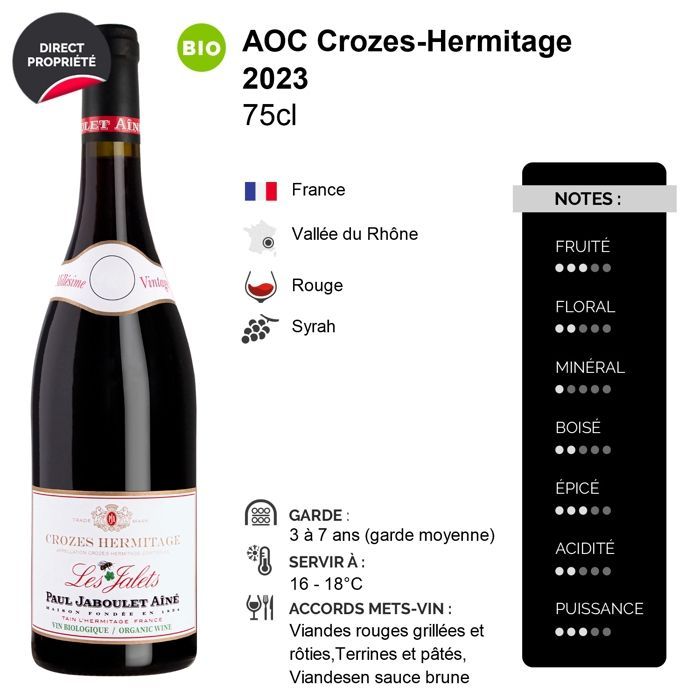 Paul Jaboulet Ainé Crozes-Hermitage Les Jalets 2023 - Vin Rouge de la Vallée du Rhône (3x75cl) BIO