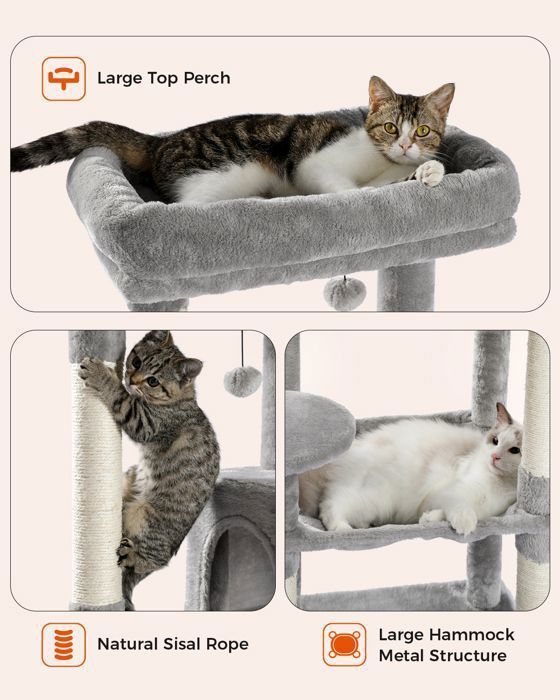PAWZ Road Cat Tree, Spacious Design, Large, Sturdy Hammock with Hammock and Beautiful Cat House - Grey - 143 cm