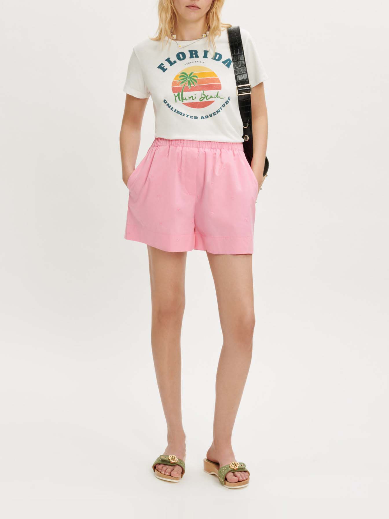 Geborduurde poplin shorts - Roze