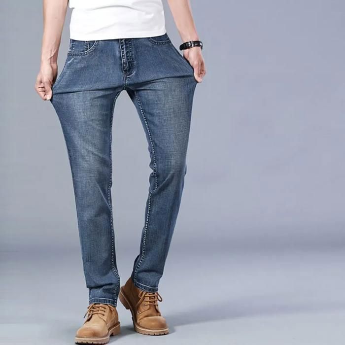 Pantalones vaqueros FUNMOON para hombre, pierna recta elástica, estilo casual de negocios, corte ajustado premium.
