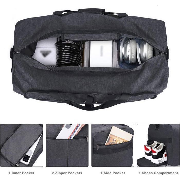 Bolsa de viaje plegable para hombre y mujer, 65 litros, tipo fin de semana, con compartimento para zapatos, impermeable - Negra